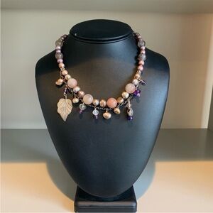 Elegant Faux Pearl and Purple Beaded Necklace with Leaf Charm